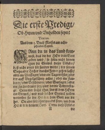 Die erste Predigt/ Ob Hexen und Unholden seyn?