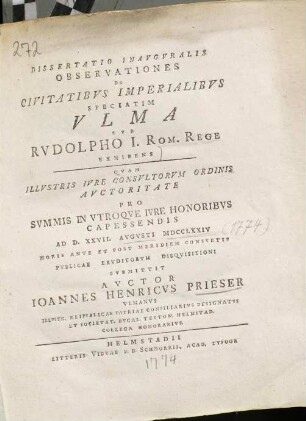 Dissertatio Inauguralis Observationes De civitatibus Imperialibus Speciatim Ulma Sub Rudolpho I. Rom. Rege
