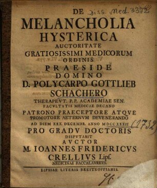 De Melancholia Hysterica