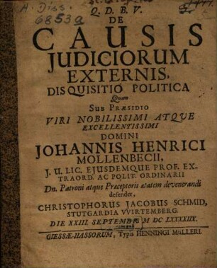 De Causis Judiciorum [Iudiciorum] Externis, Disquisitio Politica