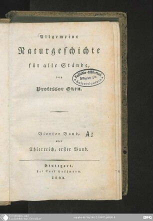 4 Thierreich, Bd. 1: Allgemeine Naturgeschichte für alle Stände