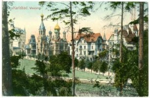 Karlsbad. Westend, Russische Kirche (1897) : Karlsbad. Westend, Westendstraße mit Russisch-Orthodoxer Kirche Sankt Peter und Paul (1893-1897; Gustav Wiedermann)