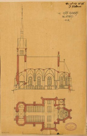 Katholische Kirche St. Sturmius, Rinteln Monatskonkurrenz April 1882: seitenverkehrt aufgezogen: Grundriss Erdgeschoss, Längsschnitt; Maßstabsleiste