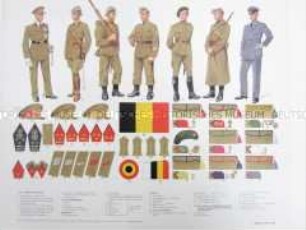 Uniformdarstellung und Schemata von Abzeichen der Soldaten, Generäle und Offiziere des Heeres und der Luftwaffe, Belgien, 1938.