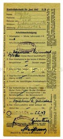Arbeitsbescheinigung mit Kontrollabschnitt für Hedwig Drechsler