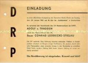 Einladung der Deutschen Reichs-Partei zu einer Kundgebung mit Adolf von Thadden