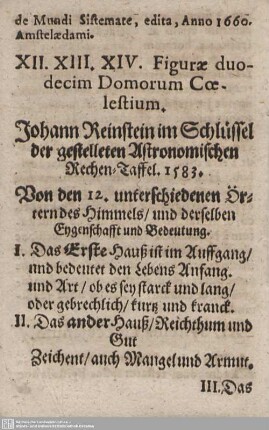 XII. XIII. XIV. Figurae duodecim Domorum Coelistium.