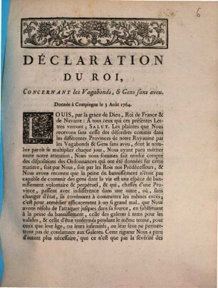 Declaration du Roi, Concernant les Vagabonds, & Gens sans aveu : Donnée à Compiegne le 3 Août 1764