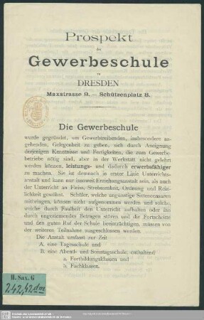 Prospekt der Gewerbeschule zu Dresden Maxstraße 9 - Schützenplatz 8