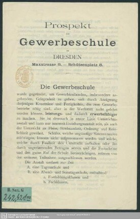 Prospekt der Gewerbeschule zu Dresden Maxstraße 9 - Schützenplatz 8
