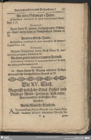 Die XV. Claß. Begreifft in sich die Titul Hoher und Niedriger Weibs-Personen, auch naher Anverwandten weiblichen Geschlechts
