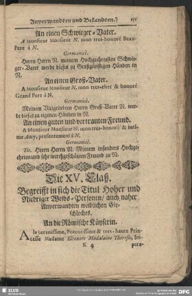 Die XV. Claß. Begreifft in sich die Titul Hoher und Niedriger Weibs-Personen, auch naher Anverwandten weiblichen Geschlechts