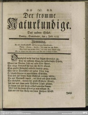 Der fromme Naturkundige. Das andere Stück. Dantzig, Sonnabends, den 5. Julii.1738