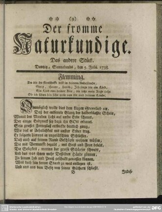 Der fromme Naturkundige. Das andere Stück. Dantzig, Sonnabends, den 5. Julii.1738