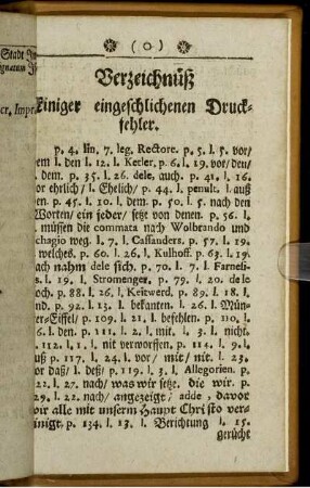 Verzeichnüß Einiger eingeschlichenen Druckfehler.