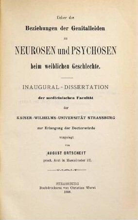 Ueber die Beziehungen der Genitalleiden zu Neurosen und Psychosen beim weiblichen Geschlecht