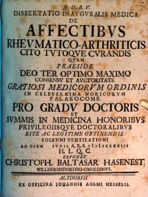Dissertatio inavgvrale medica De affectibvs rhevmatico-arthriticis cito tvtoqve cvrandis