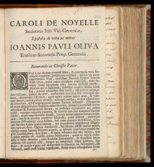 15. P. Caroli de Noyelle Societatis Iesu Vic. Generalis, Epistola de vita ac morte Ioannis Pavli Oliva