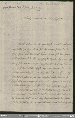 Eigenh. Brief von Bernhard Joseph Docen an August Wilhelm von Schlegel, München, 15.05.1811 [auf dem Original: 15.04.1811]