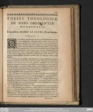 Theses Theologicae De Voto Obedientiae Monachalis. Respondente Iacobo Le Clerc, Romorantino.