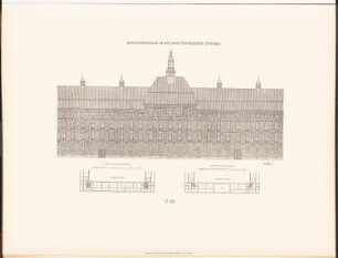 Gemeindeschule in der Greifenhagener Straße, Berlin: Grundriss 1.OG, 2.OG, Ansicht (aus: Neubauten der Stadt Berlin, Bd. IV, 1905)