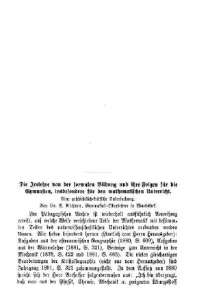 Die Irrlehre von der formalen Bildung und ihre Folgen für die Gymnasien, insbesondere für den mathematischen Unterricht