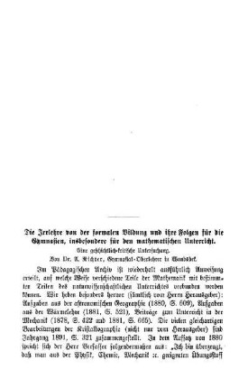 Die Irrlehre von der formalen Bildung und ihre Folgen für die Gymnasien, insbesondere für den mathematischen Unterricht
