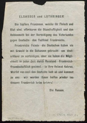 Elsasser und Lothringer! : Die tapfere Franzosen, welche ihr Fleisch und Blut sind, offenbaren die Standhaftigkeit und den Heldenmuth bei der Verteidigung des Vaterlandes gegen Deutsche ...