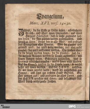 Evangelium, Marc. XVI. vers. 14-20.