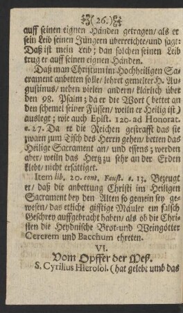 VI. Vom Opffer der Meß. S. Cyrillus Hierosol.