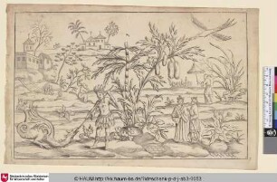 [Ein Garten, in dem sich mehrere Personen aufhalten; vorne rechts bezwingt ein Mann mit einem Speer einen Drachen]