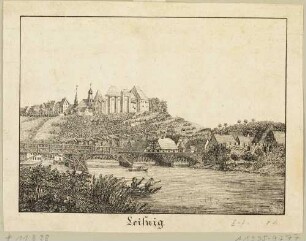 Die Burg Mildenstein und die Stadt Leisnig von Nordwesten über die Freiberger Mulde gesehen, aus einer Reihe