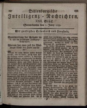 XXII. Stück. Sonnabends den 1. Juny 1799.