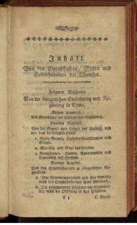 Inhalt. Von den Eigenschaften, Sitten und Gewohnheiten der Chinesen.