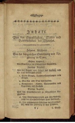 Inhalt. Von den Eigenschaften, Sitten und Gewohnheiten der Chinesen.