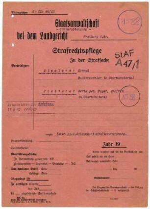 Angeklagte: Riesterer, Konrad (Buttersammler); Obermünstertal *24.11.1892 in Obermünstertal; + ? Riesterer, Berta; Obermünstertal *24.09.1893 in Obermünstertal; + ? Delikt: Verbrechen gegen die Kriegswirtschaftsverordnung Tatort: Obermünstertal Tatzeit: 1939-1943