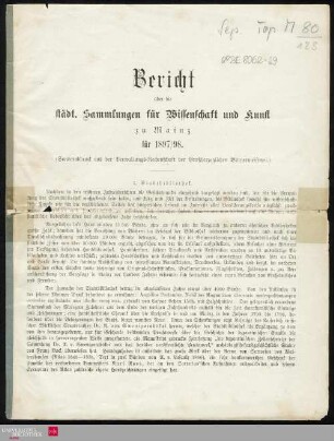 Bericht über die städt. Sammlungen für Wissenschaft und Kunst zu Mainz für 1897/98