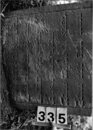Grabstein 335 (Index: 99803520) Material: Sandstein Zustand: z. T. verwitt/Textverlust Maße HxBxT: 104x61x12 cm Beschreibung: Stele mit eingezogenem, verdachtem Rundbogen mit Mittel-und Seitenakroterien: Grabstein 335 (Detailaufnahme)