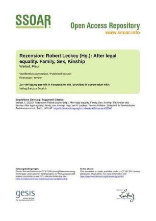 Rezension: Robert Leckey (Hg.): After legal equality. Family, Sex, Kinship