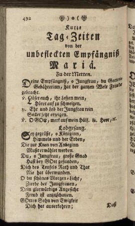 Kurze Tag-Zeiten von der unbefleckten Empfängnisz Mariä