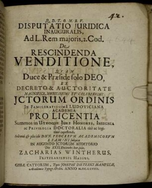 Disputatio Iuridica Inauguralis, Ad L. Rem maioris. 2. Cod. De Rescindenda Venditione