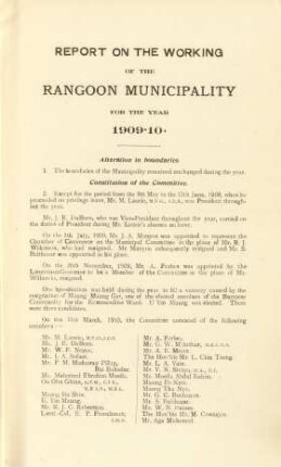 Report on the working of the rangoon municipality for the year 1909-10.
