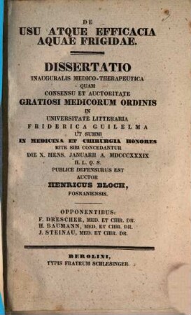 De usu atque efficacia aquae frigidae : Diss. inaug. med. therap.