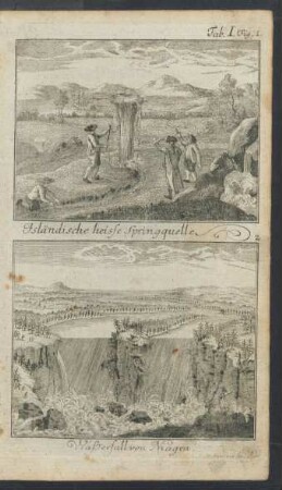Tafel I.: Isländische heisse Springquelle. Waßerfall von Niagra.