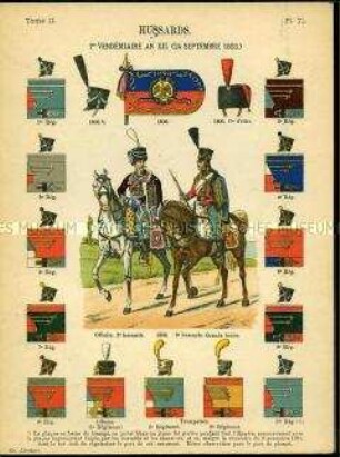 Uniformdarstellung, Husar und Husaren-Offizier, Detailstudien von Kopfbedeckungen und Abzeichen verschiedener Husaren-Regimenter, Frankreich, 1802/1806.