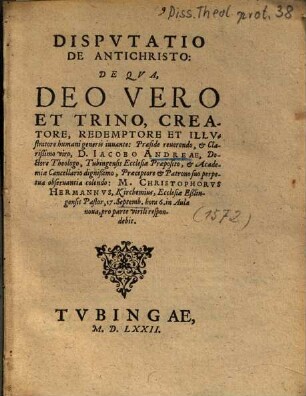 Dispvtatio [Disputatio] De Antichristo