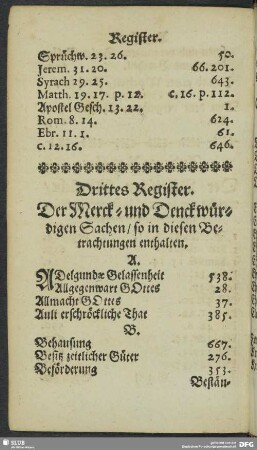 Drittes Register. Der Merck- und Denckwürdigen Sachen, so in diesen Betrachtungen enthalten