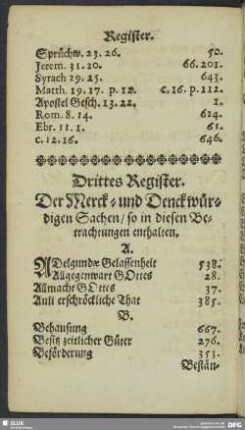 Drittes Register. Der Merck- und Denckwürdigen Sachen, so in diesen Betrachtungen enthalten