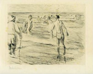 Badende Knaben, links Strandwächter