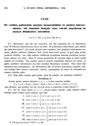 LXXII. De casibus quibusdam maxime memorabilibus in analysi indeterminata, ubi imprimus insignis usus calculi angulorum in analysi Diophantea ostenditur.